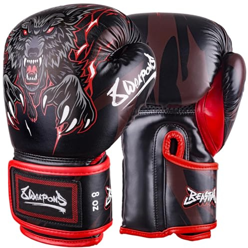 8 WEAPONS Boxhandschuhe Kinder, Beastial Wolf, Schwarz-Rot, Kinder Boxhandschuhe, Kunstleder, Perfekte Dämpfung für optimalen Schutz, Handschuhe für Muay Thai, K1, Boxen, MMA und Kickboxen, 10 Oz