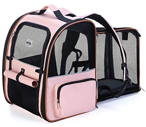 Lekespring Sac Transport Chat avec 4 Entrées | Sac Transport Chien Respirant - Sac a Dos Chat avec Harnais Intérieur - Sac a Dos Chien Charge Maximale 12kg - Rose