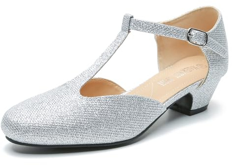 MAIERNISI JESSI Women's T-Strap Mary Jane Pumps, Low Block Heel, Closed Toe, Buckle Ankle Strap Silver Glitter 40 - US 8
