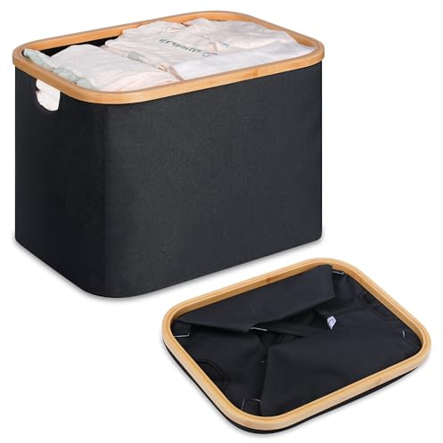 efluky Cesto Ropa Sucia Plegable Portátil Cesta Colada Laundry Basket de Bambú, Cesta de Almacenamiento Versátil con Asas Para Baño y Dormitorio, Lavandería, Juguete, 50L(Negro)