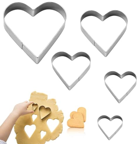 5 Piece Heart Cookie Cutter Set, Stainless Steel Heart Cookie Cutter, Reusable Various Size Hearts Shaped Cake and Biscuit Cutters for Baking, for Cookies, Cakes, Scones and Crafts.