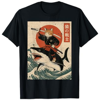 Vintage Anime Cat Japanese Funny Samurai Cat Riding Shark T-Shirt
