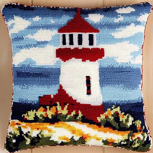 AxiangziK Kit Gancio di Chiusura per Cuscino Fai-da-Te,Faro sul mare,Artigianato Facile da Imparare per Kit Tappeto con Gancio di Chiusura per Cuscino,43x43cm