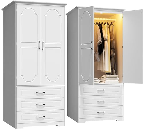 FJTJBSI Wooden Armoire Wardrobe Closet with 3 Drawers and LED Light 72 Modern Bedroom Armoire with Retro Ceramic Door Handles Wardrobe Cabinet with Removable Hanging Rod White