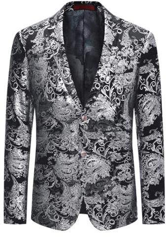 Allthemen Herren Pailletten Sakko Gold Glitzer Blazer Slim Fit Hochzeit Smoking Silber M