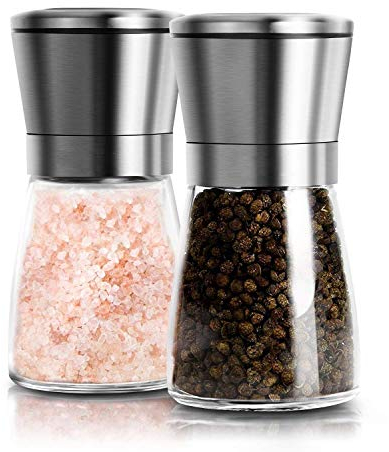 YMTECH Salt and Pepper Grinder Set – Short Manual Mills with Adjustable Coarseness, Stainless Steel Top & Clear Glass Body, 180ml Capacity, Ideal for Kitchen or Dining Table