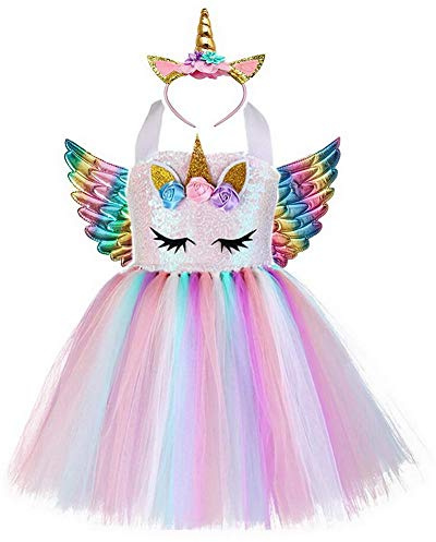 Girls Unicorn Dress Up Costume Princess Fancy Dress Kids Ballet Tutu Tulle Dresses Flowers Rainbow Dressing Up Wedding Party Halloween Christmas Fancy Up (L (5-6years))