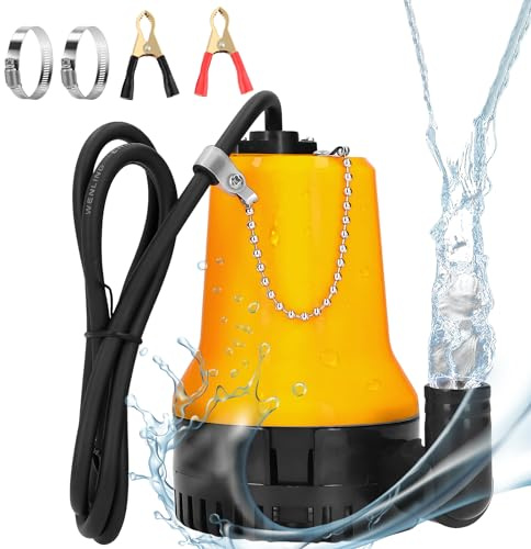 EXLECO Tauchpumpe DC 24V Tauchwasserpumpe 120W 4200L/H Förderpumpe Schmutzwasserpumpe Brunnpume Wasserpumpe mit 2,3M Kabel 2 Schlauchschnellen 2 Krokodilklemmen für Bewässerung Teich Fischteich Pool