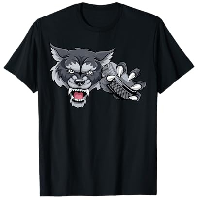 Wolf Cartoon Sports Wolves Team Mascot Holding Hockey Puck T-Shirt