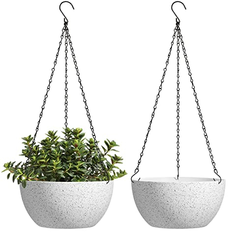 T4U Blumentopf Hängend Plastik 2er Set, Φ25CM Hängetopf für Pflanzen Gesprenkelte Weiß, Blumenampel mit Haken Rund Gross für Innen und Außenbereich, Deko, Hängetopf für Pflanzen für Zuhause, Büro