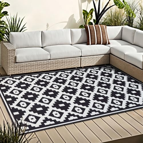OMERAI Waschbarer Teppich Wohnzimmer In-& Outdoor Teppich Wetterfest 120X180CM Schwarz-Weiß Balkon Teppich Modern Schlafzimmer rutschfest Teppich Weich Carpet