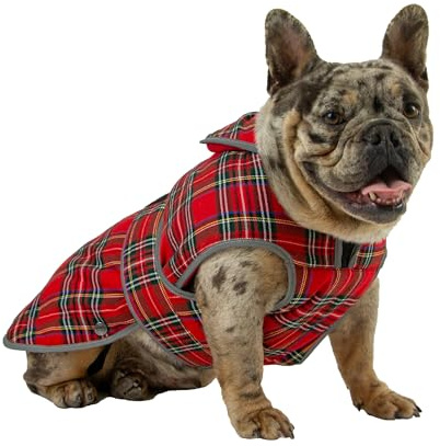 Ancol Heritage - Cappotto per cani in tartan rosso, foderato in pile, con protezione per il petto e foro per imbracatura con cerniera, bordatura riflettente, abbigliamento per cuccioli - L