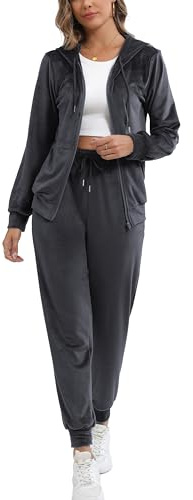 Enjyam Damträningsdress i velour, mysig Nicki-hemmadress, tvådelad joggingdress i mjuk sammet med ribbad jacka med dragkedja och byxor med ficka