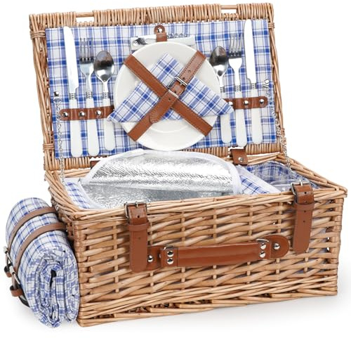 Panier de pique-nique en osier pour 2 personnes avec couverture de pique-nique imperméable et grand compartiment isotherme pour pique-nique, panier de pique-nique avec kit de couverts pour camping,