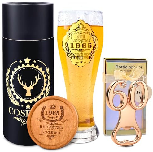 1965 Cadeau 60 Ans Homme, Personnalisé Cadeau Anniversaire 60 Ans pour Grand-père Pere Oncle, Verre à Bière 1965 580ml, 60 Nombre Bouteille Ouvre, Sous-verre en Bois, 1965 Decoration Anniversaire