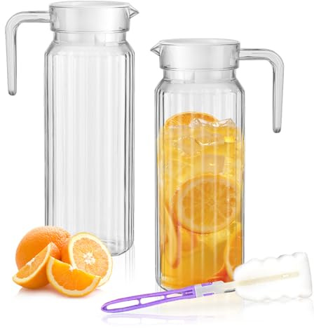 1,1 L Brocca in Acrilico, TIE-DailyNec 2 Pack Brocca per acqua in Plastica Trasparente, BPA-Free Brocca per Succo con Coperchio e Manico per Limonata, Latte, Tè, Include 1 Pennello a Manico Lungo