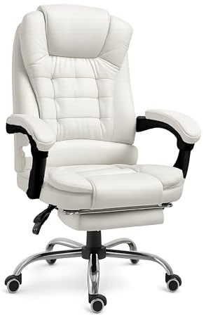 RMF Sedia Ufficio Ergonomica Professionale Reclinabile, Sedia Scrivania Seduta Comoda e Rilassante con Poggiapiedi - Poltrona Relax con Ruote Girevoli Altezza Regolabile Bianca