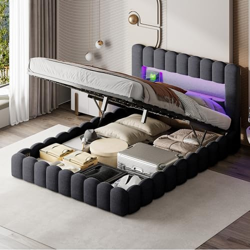 BestAlice Sängklädsel, dubbelsäng, 180 x 200 cm, hydraulisk förvaringssäng med LED och USB, ungdomssäng, sängram, säng med ribbotten, linne, grå, utan madrass