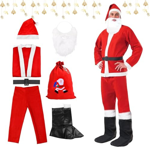 Costume de Père Noël pour Homme, 7 Pièces Déguisement Pere Noel Adulte, Santa Claus Costume, avec Barbe, Haut, Ceinture, Bonnet de Noël, Pantalon, Bottes et Sac Cadeaux, pour Fête Noel et Cosplay