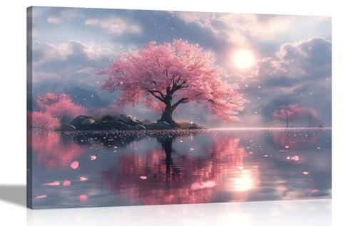 Artley Prints - Cloudy Lake View Pink Cherry Tree Sunset Canvas Prints Wall Art Pictures for Home Living Room Bar Bedroom Hallway Extra Large 101 x 76cm (40 x 30 inches)