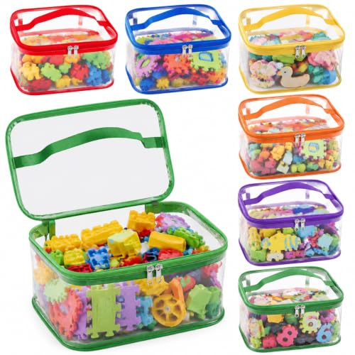 Xygobla 6Pcs Clear PVC Toy Storage Bags Set | 9.1x6.7x3.9 In Portable Transparent Toiletry Bags with Handles, Organizer Pouch for Building Blocks, Puzzles & Makeup