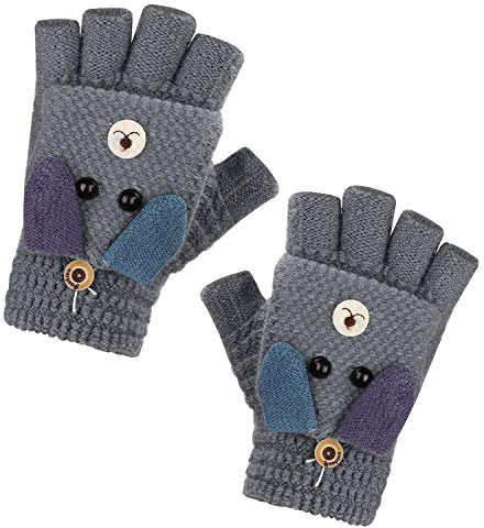 JIAHFR Gants Tricotés d'hiver pour Enfants 3-6 Ans Mitaines Motif de Renard Mignon Gants Demi-Doigts à Rabat 2 Usages Doux Chaud pour Filles et Garçons