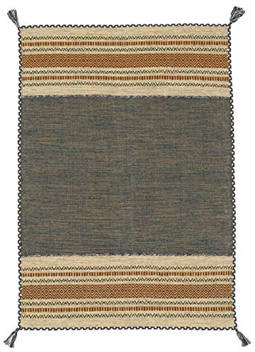 carpetfine Flachgewebeteppich Kelim Azizi Grün 160x230 cm | Moderner Teppich für Wohn- und Schlafzimmer