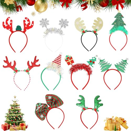 Makone Diadema de Navidad, 10 Estilos Cuernos de Reno Divertido árbol de Navidad Sombrero de Papá Noel Tocado para niños Adultos