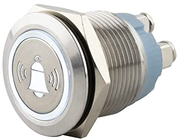 SeKi Pulsante a pressione in acciaio inox, diametro 19 mm, forma piatta a forma di testa piatta, icona illuminata, colore bianco, attacco a vite, pulsante campanello
