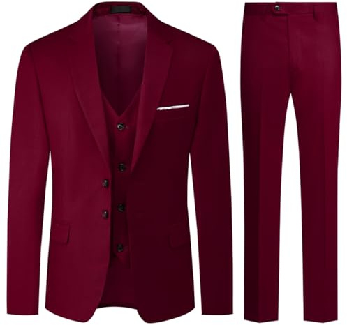 Allthemen Traje de Hombre de 3 Piezas de Ajuste Delgado con un Solo Pecho de Dos Botones Traje de Esmoquin de Boda Chaqueta Chaleco Pantalones Burdeos S