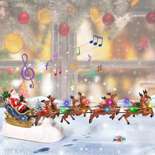 XINGGANG Luces de Navidad de Papá Noel en Trineo con Reno. Adorno de Navidad, Trineo de equitación de Santas y Escena de 8 Renos voladores con música y Luces para Decoraciones navideñas