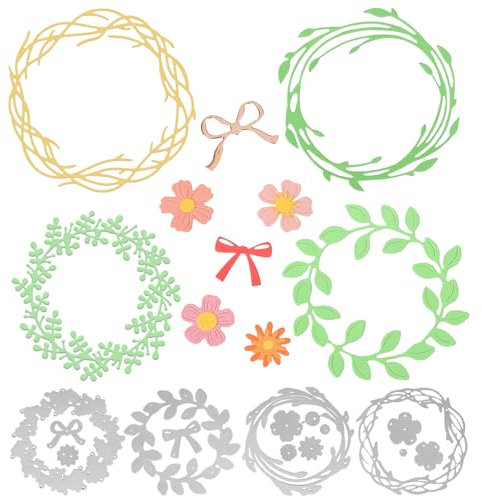 BETESSIN Blumenkranz Stanzschablonen Frühling - 4 Stück Metall Prägeschablonen mit Kranz Motiven - Stanzformen für Kartenherstellung, Scrapbooking, Fotoalbum, Frühlingsdeko & Osterdeko zum Basteln