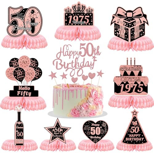 50th Birthday Table Decorations Honeycomb - 10 Pcs Rose Gold 50th Birthday Honeycomb Table Centerpieces Cake Topper Cheers To 50 Old Years Table Topper For Men Women Birthday Party Decoration Supplies