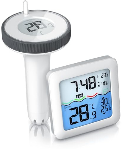 CSL - Poolthermometer Funk digital – Basisstation mit Schwimmer – Wassertemperatur Innentemperatur Luftfeuchtigkeit - DCF Uhrzeit – Pool Thermometer schwimmend mit bis 60 m Reichweite