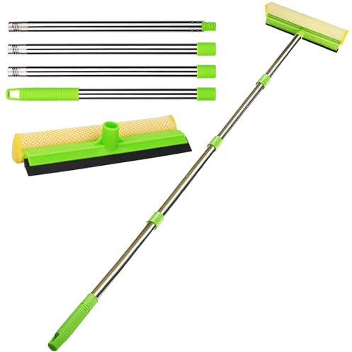 Sgizoku Limpiador de ventanas con escobilla de goma y esponja, kit de limpiaparabrisas 2 en 1 con 4 postes de extensión, herramienta de limpieza de vidrio de ducha extensible de 147 cm para ventanas