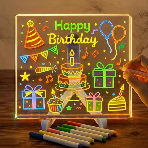 Tablero acrílico luminoso con Mensaje LED con 7 lápices de colores, con soporte ajustable, pizarra LED transparente, borrable, bloc de notas, pizarra de escritura (20 x 20 cm)