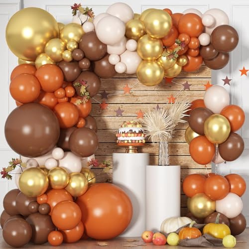 Longwu Kit de arco de guirnalda de globos de color naranja, marrón y dorado, 138 piezas de globos de calabaza, kit de arco para otoño, Acción de Gracias, cosecha, cumpleaños, baby shower, decoraciones