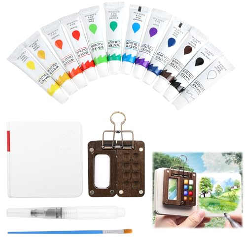 4 Pcs Pocket Artist Watercolor Travel Set 8-Grid Watercolour Lid Foldable Wooden Palette with Metal Clip 12-Color 5ml Paint Portable Drawing Book Brush For Personalised Teacher Gifts Artists Painters