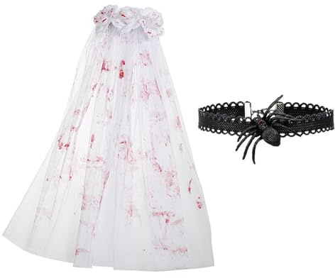 XFSRG Velo Halloween Novia Cadaver Sangriento con Flores Accesorio Perfecto para Disfraz Despedida de Soltera y Halloween (B)