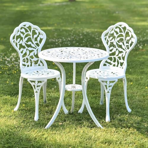 Black Country Metal Works Classic White Rosette Two Seater Bistro Set, 3 Piece Cast Aluminium Patio Dining Furniture
