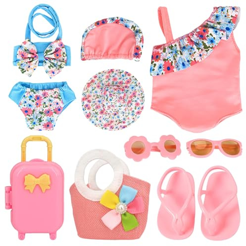 Traje de baño para muñecas Conjunto de 8 piezas Bebé Born Muñecas Traje de Baño con Sombrero de Traje de Baño Gafas Pantuflas Bolsas Equipaje Accesorios para Muñecas Bebé Born Accesorios para 35-45 cm