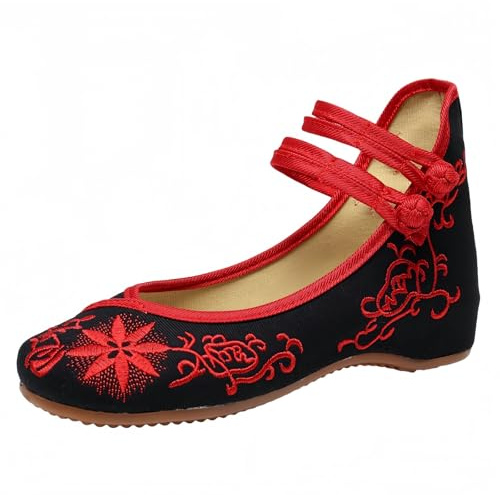 Donna Cinese Ricamate Scarpe a Cuneo Floreale Tradizionale Asiatico Mary Jane Brida Balletto Yoga Scarpe su Tela con Gomma Suola botone Rana
