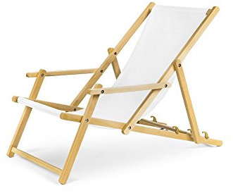Unbekannt Gartenliege Strandliege mit Armauflagen und Absicherungssystem Liegestuhl aus Buchenholz klappbar Holz-Liegestuhl weiß