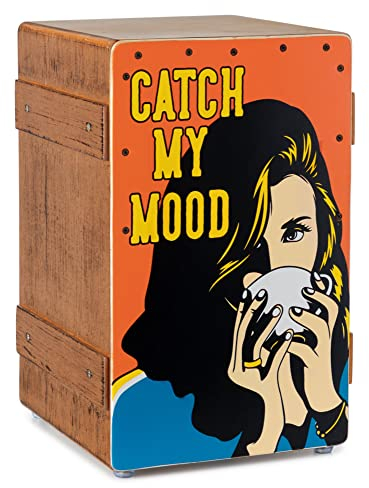 XDrum Design Series Cajon “Catch my mood” - Designer-Cajon mit Pop Art-Aufdruck - Integrierter Bass Port - Korpus aus HPL in Bananenkisten-Optik - Fest installierter Snare-Teppich