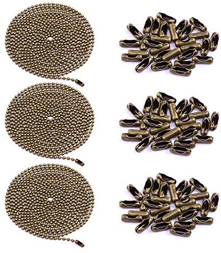 Swpeet 3Pcs Bronze 120 Metal Ceiling Fan Pull Chain Extension with 90Pcs Matching Connectors Kit, Durable & Strong Bearing Rust Proof 3mm Beaded Extension Chains for Ceiling Fan or Light