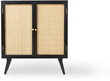 Desser Manhattan Tall Rattan Sideboard with Wine Storage – 2 Door Living Room Cabinet with 6 Compartments Freestanding - Wicker Cane Webbing & Mango Wood in Black - H90cm x W80cm x D45cm