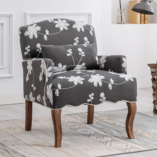 chairus Fauteuil Salon Confortable en Lin, Chaise Vintage avec Pieds en Bois, Fauteuil Imprimé pour Salon, Chambre, Bureau, Gris