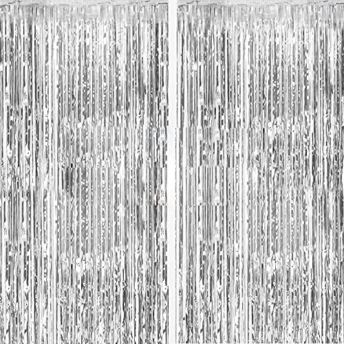 2 Pack Silver Foil Curtain Party Streamers Metallic Tinsel Foil Fringe Photo Booth Backdrop for Birthday Wedding Engagement Baby Shower Bachelorette Christmas Holiday Celebration Party Decorations