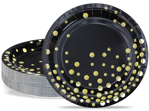 Pappteller, Partyteller Goldfolie Teller ​Set 23cm Partygeschirr Set, Schwarz mit Golddruck Gepunktete 50 Stück Papier Teller zum Hochzeit, Jubiläums, Valentinstag