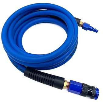 SYXQT Hybrid Air Hose 1/4-Inch x 10FT,Air Compressor Hose 300 PSI Heavy Duty,All-Weather Flexibility with Band Aluminum Colored Universal Coupler and Plug,with BendRestrictors,Dark Blue